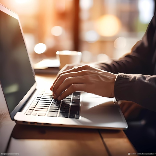 人間がラップトップのキーボードで手でタイピングしている 午前の背景が青く ビジネスコンセプトの画像