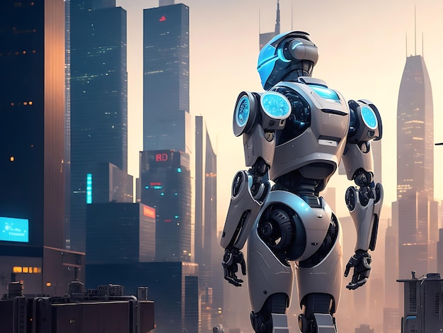 Humans and robots stand in a futuristic technologically advanced city Ai generated