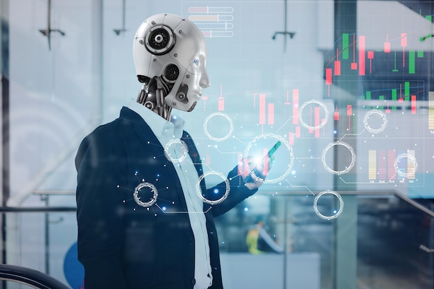 ロボットの頭が付いたコートを着て携帯電話を持っている人間は人類の未来 AI 人工知能の概念 ディープラーニング マインドフルネス