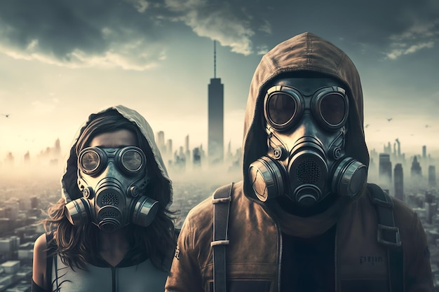Gli esseri umani indossano la maschera facciale a causa dell'inquinamento atmosferico nella città industriale inquinata ia generativa