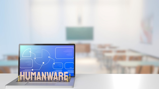 The humanware  word and gold chesson on notebook in class room for business or technology concept 3d rendering