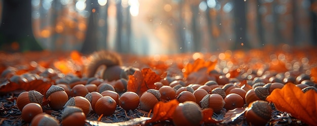 Photo humble acorns scattered on the forest floor a background