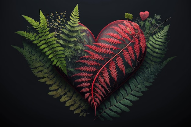 Humble bright red heart with fern on dark background art of heart