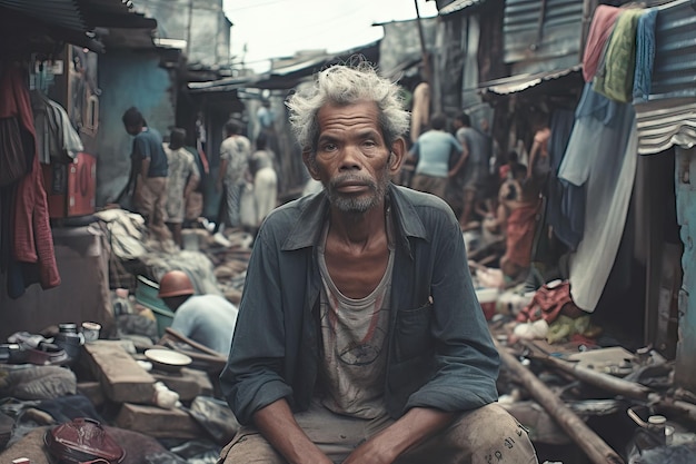 Humble man dressed in old clothes in a favela in brazil, ai-generated