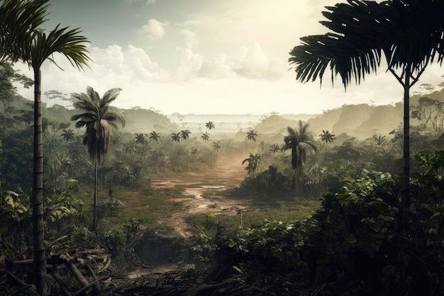 Humid jungle with a clear cut seen in the distance