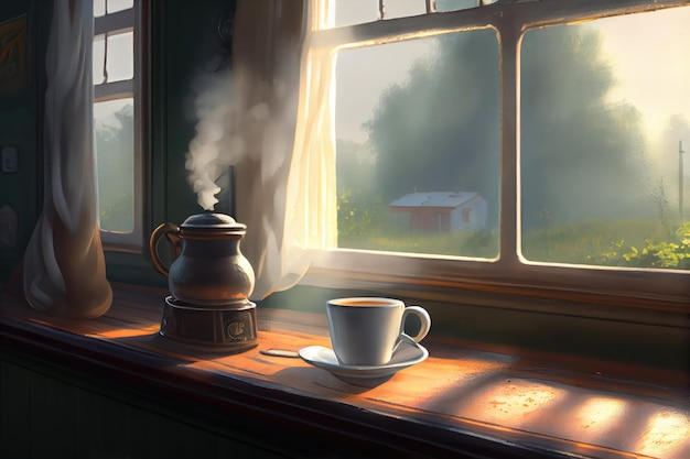 Humid summer morning with the steam from a cup of tea rising in the window