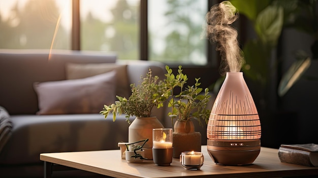 Humidifier on a table in a living room at home blurred background Humidifier with white steam jet in cozy interior design commercial photo for catalog Generative AI