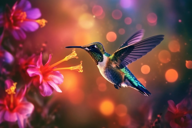 Humming bird hovering over colorful pollen filled flowers Generative AI
