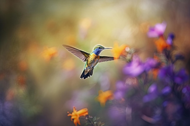 Humming bird hovering over colorful pollen filled flowers Generative AI