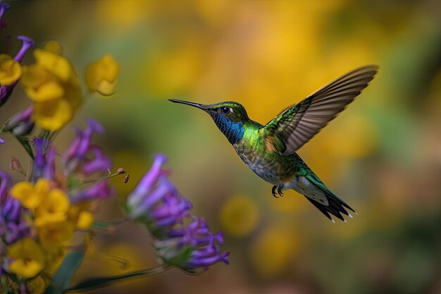 Humming bird hovering over colorful pollen filled flowers generative ai