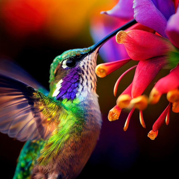 Hummingbird Archilochus Colubris in Flight Over Purple Flowers Illustration AI Generative