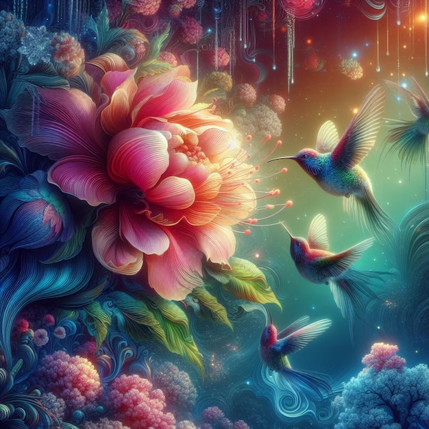 hummingbird ballet digital illustration brings to life a hyperrealistic spring blossom with vivid