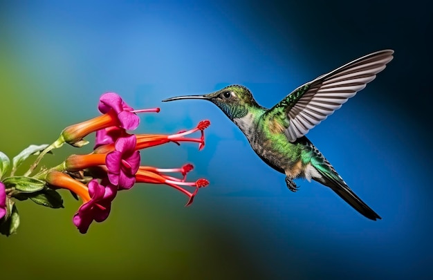 Foto uccello colibrì che vola accanto a un bellissimo fiore rosso con pioggia