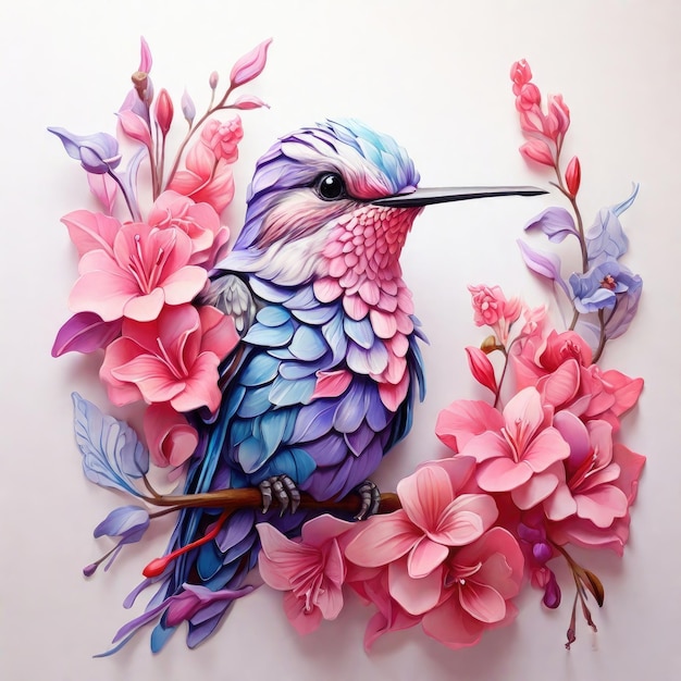 hummingbird bird in lilac pink blue colors