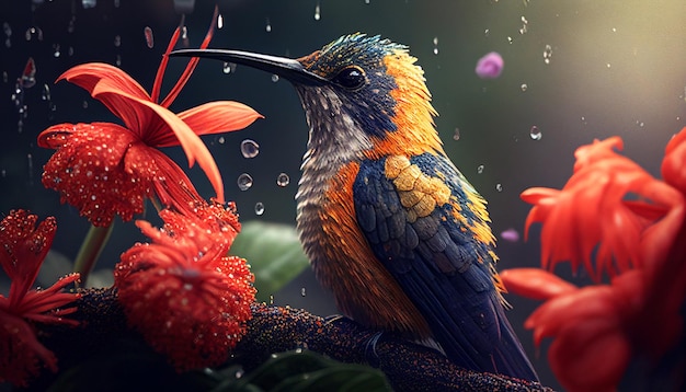 Hummingbird collects pollen from flowers in the rainforest