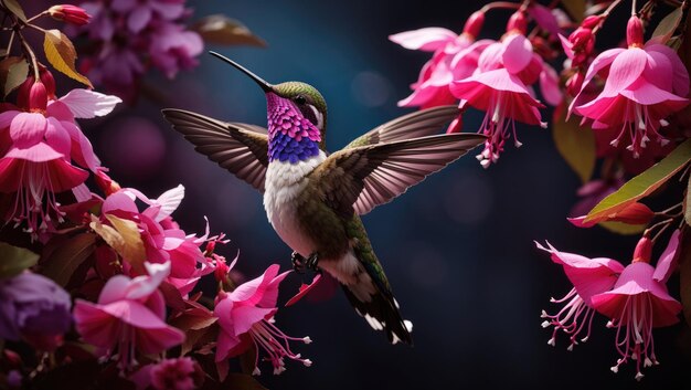 A hummingbird delicately sipping nectar from vibrant pink and purple fuchsia blossoms set against a mysterious dark backdrop