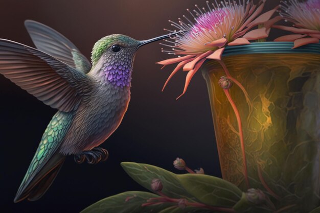 A hummingbird drinks juice from a flower