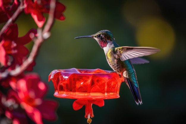 Hummingbird feeder met rode bloemblaadjes en nectar gemaakt met generatieve ai