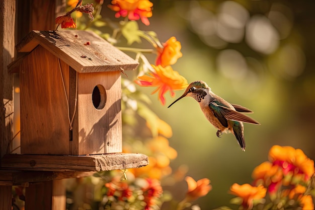 Hummingbird feeding from birdhouse on sunny day created with generative ai