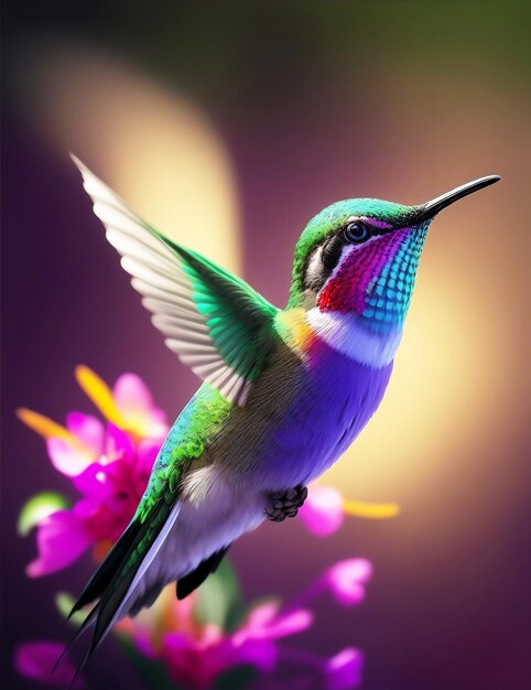 Foto un colibrì che si nutre di miele da un fiore sfondo colorato vibrante ai generato