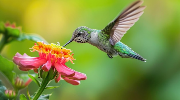 Hummingbird Feeding on Pink and Yellow Flower in MidAir CloseUp