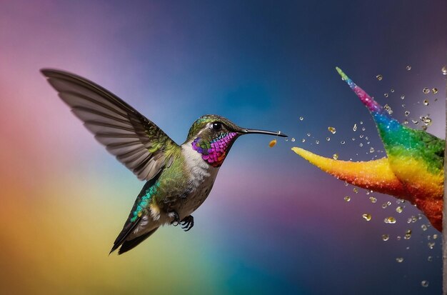 Hummingbird Feeding with Rainbow Sky