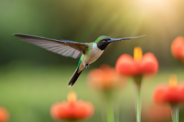 A hummingbird flies in front of red flowers.