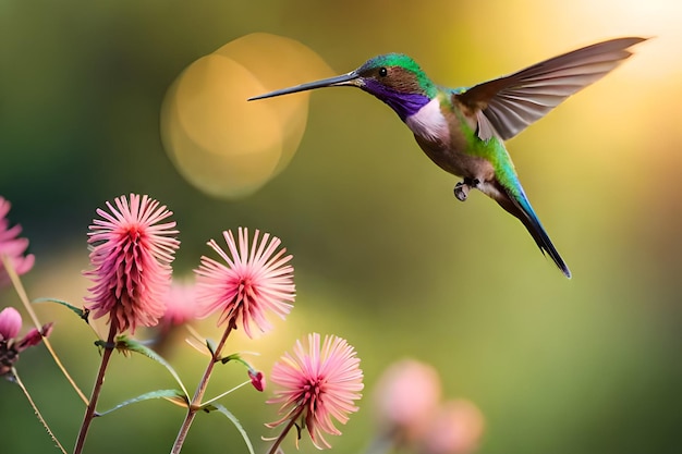 A hummingbird flies near a plant with pink flowers.