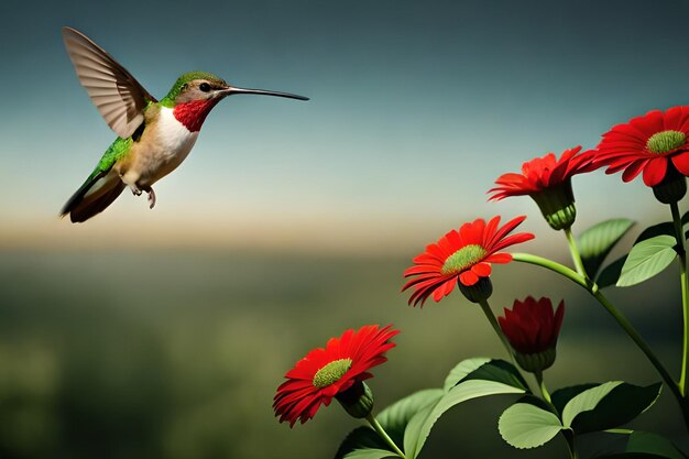 A hummingbird flies over a red flower.