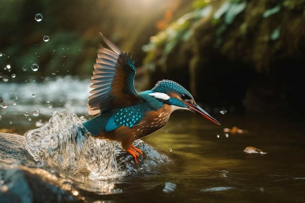 Hummingbird flight in water Colorful exotic bird small creature Generate ai