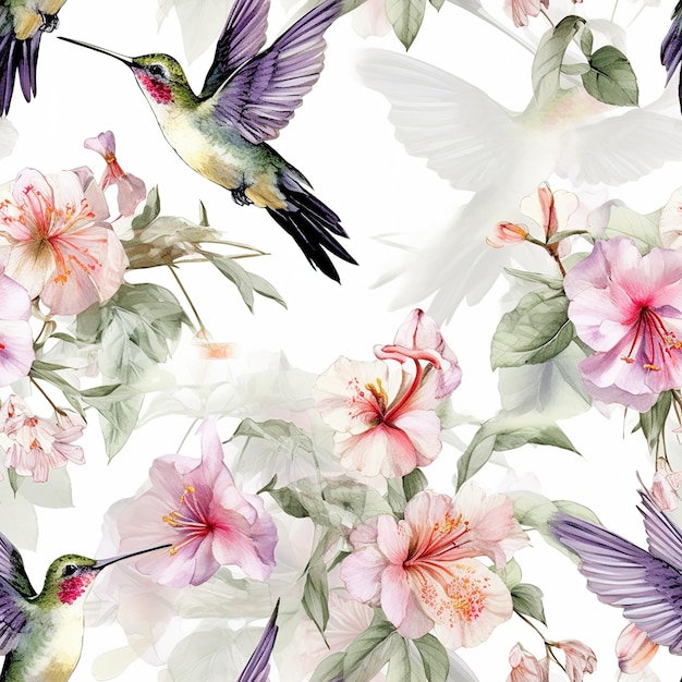 A hummingbird and flowers are in a watercolor style.