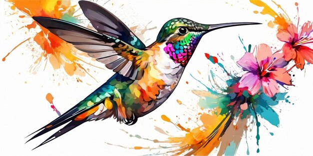 Hummingbird and flowers in watercolor style