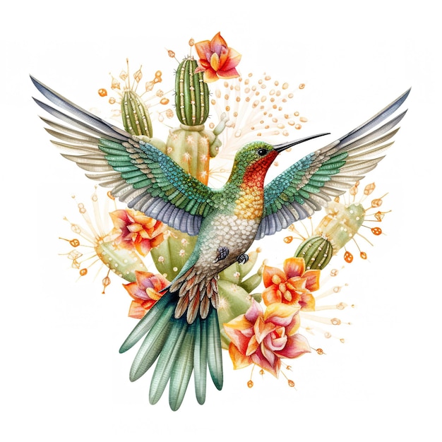 Колибри, летящая над кактусом с цветами, генеративное изображение ai