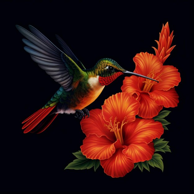 Hummingbird flying over a flower with its wings spread generative ai