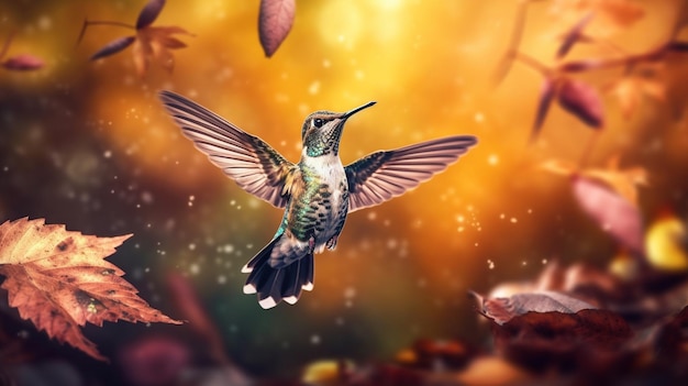 A hummingbird flying in front of autumn leaves image