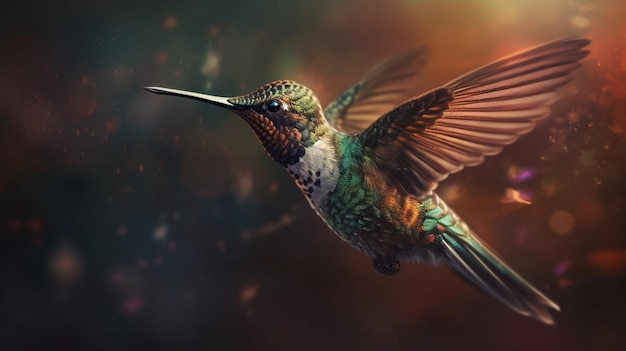 A hummingbird flying in the sky with the word hummingbird on the left.