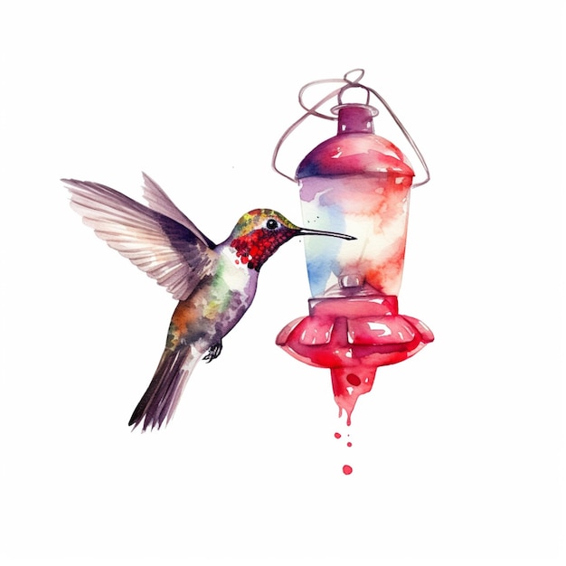 hummingbird flying towards a bird feeder with a red and blue bird generative ai
