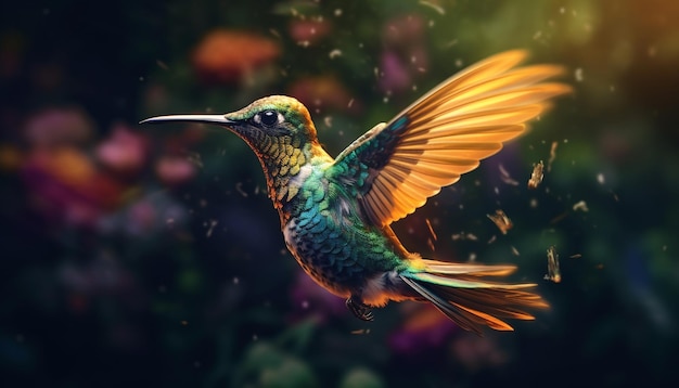 Колибри летает яркими цветами, красотой природы, радужными перьями, маленькой птицей, созданной искусственным интеллектом.