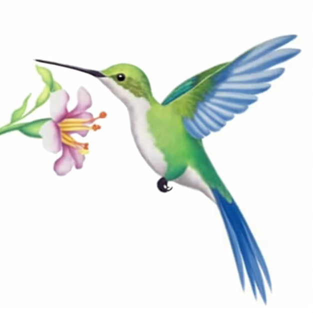 hummingbird flying with flower in beak and green wings generative ai