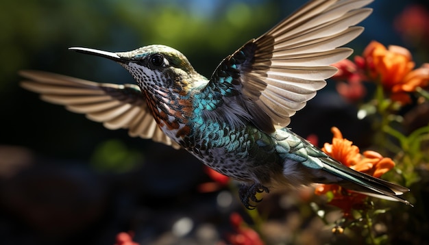 Hummingbird flying with hovering pollinating nature vibrant iridescent beauty generated by artificial intelligence