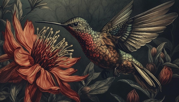 Hummingbird flying with spread wings pollinating flowers generated by AI