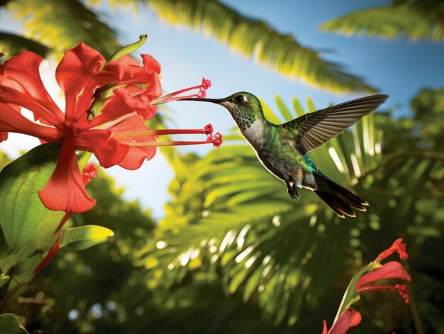 Foto un colibrì che vola attorno a una cascata di fiori colorati