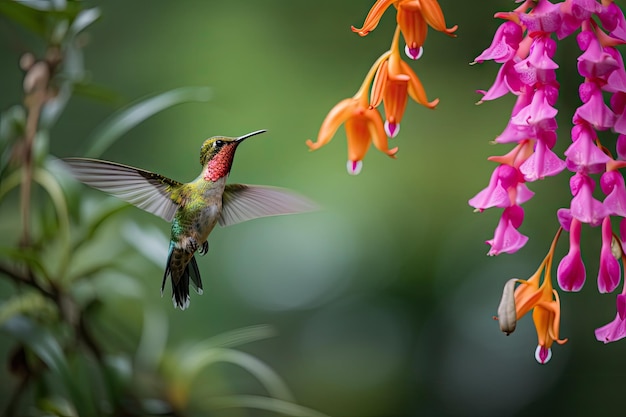 Hummingbird hovering over blooming orchid created with generative ai