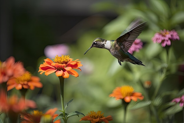 Hummingbird hovering over flower garden created with generative ai