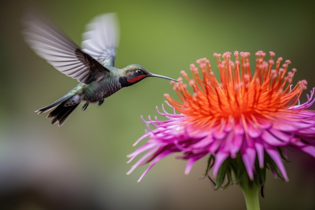 Hummingbird hovering in front of blooming flower taking flight created with generative ai