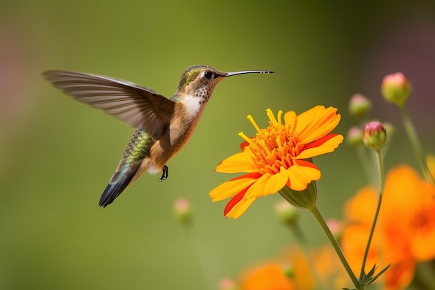 A hummingbird hovering in front of a flowe