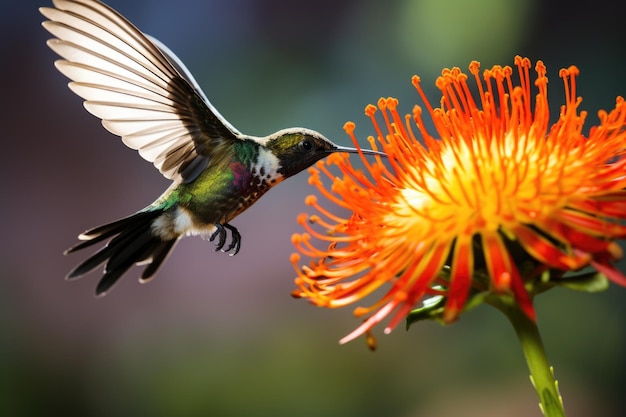 A hummingbird hovering near a brightly colored flower