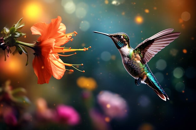 Foto un colibrì che vola vicino a un fiore foto realistica
