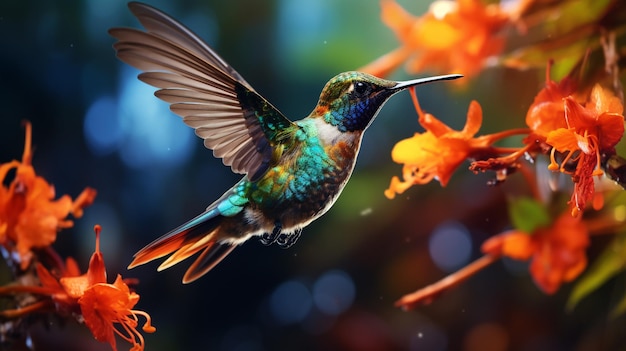 AI가 생성한 자연에서 벌새가 무지개 빛깔의 날개를 펼치고 있습니다.