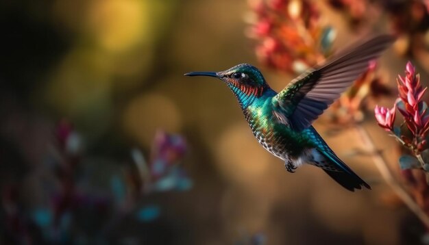 Hummingbird hovers mid air pollinating vibrant flowers generated by AI